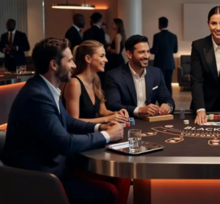 Stół blackjack z kartami i żetonami na evencie integracyjnym