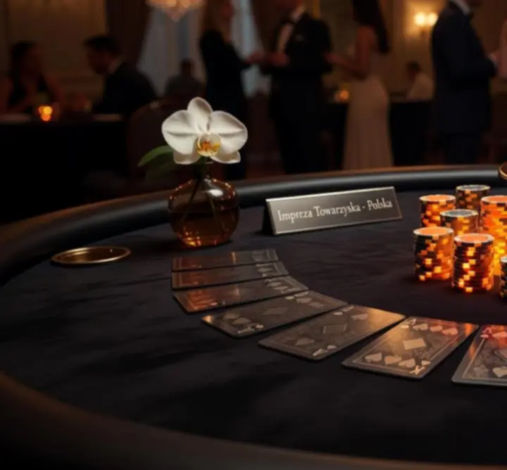Elegancka atmosfera przy ciemnym stole eventowym ze świetlnymi akcentami