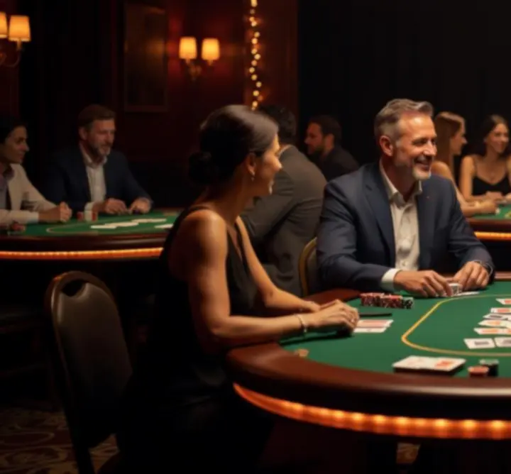 Nastrojowa, wieczorna atmosfera przy stołach pokerowych podczas eventu